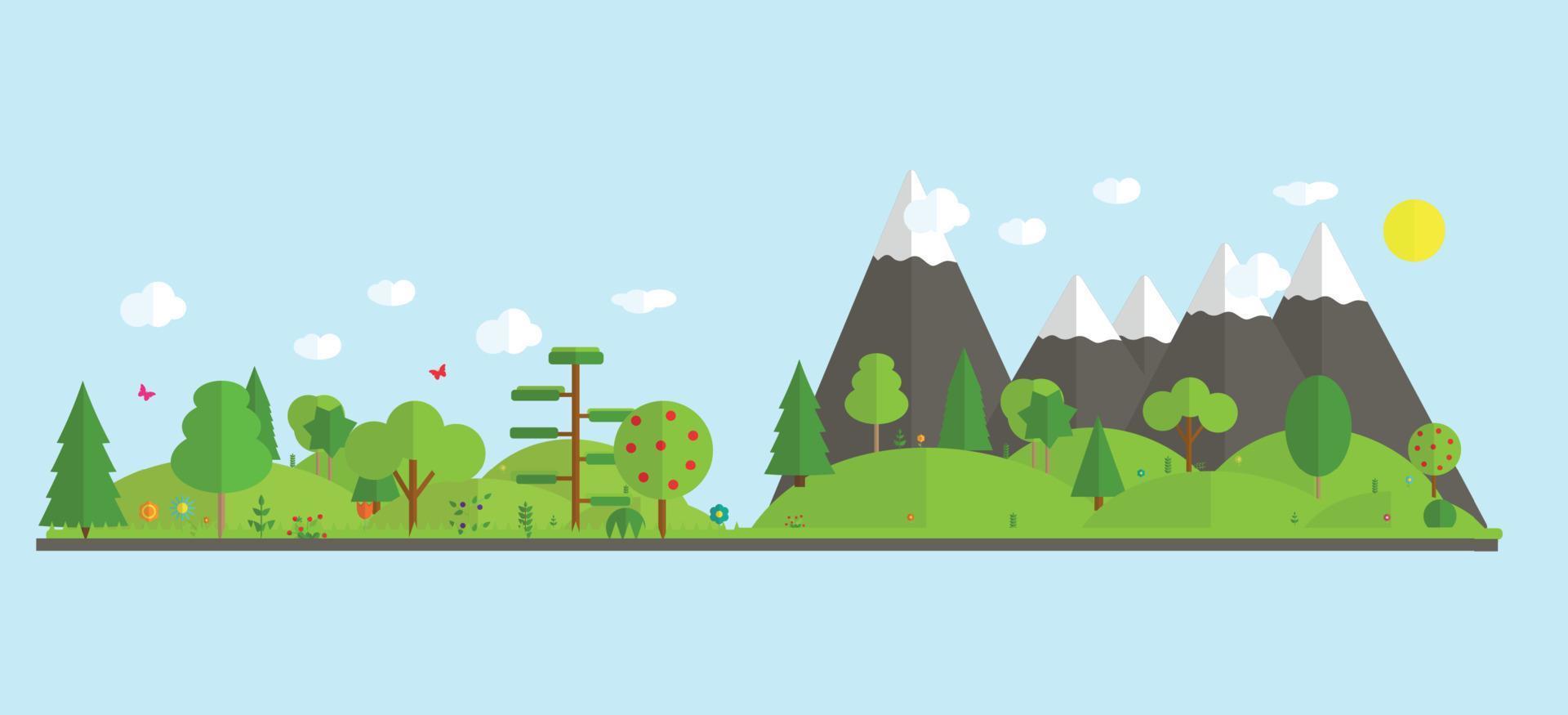 Flat cartoon style illustration nature landscape with mountains and trees. Vector Illustration