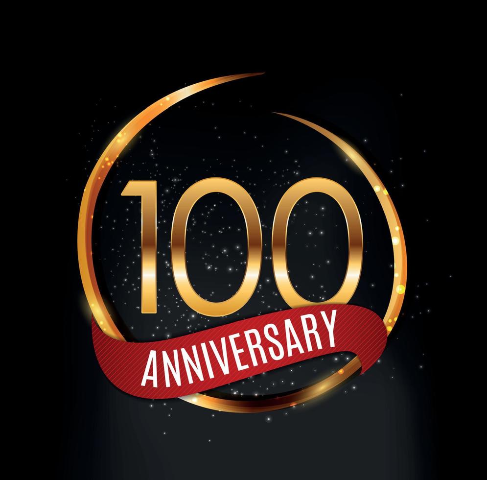 Plantilla de logotipo de oro aniversario de 100 años con cinta roja ilustración vectorial vector