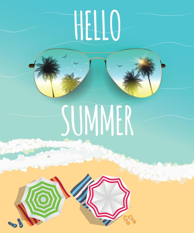 Hello Summer Background with Glass and Palm. Vector Illustration
