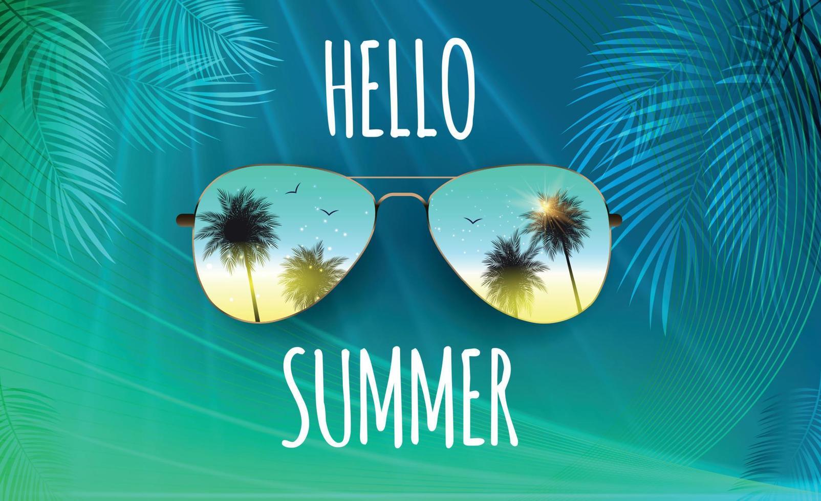 Hello Summer Background with Glass and Palm. Vector Illustration