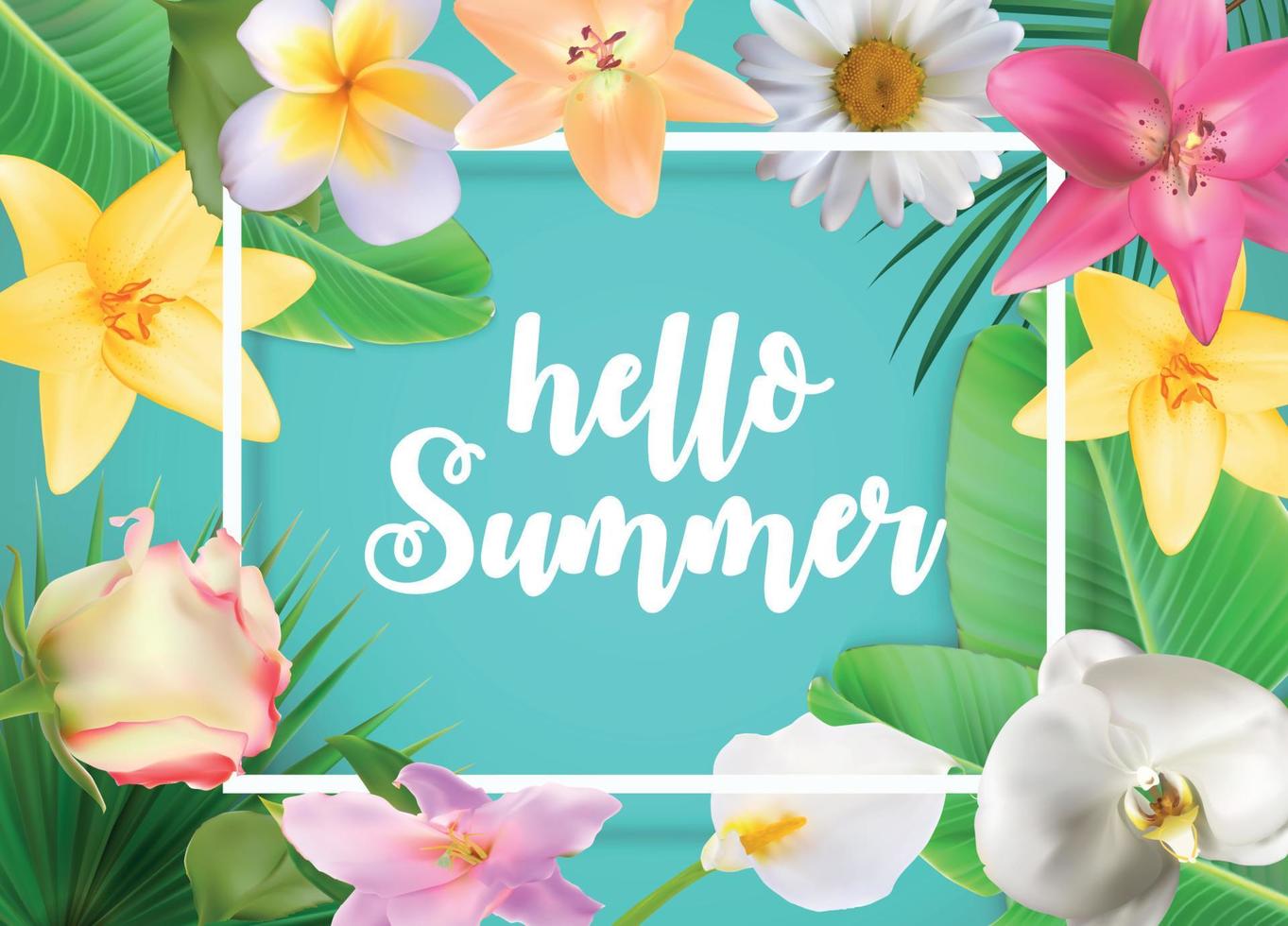 Hello Summer Natural Floral Background with Frame Vector Illustration