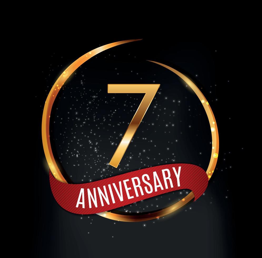 Template Gold Logo 7 Years Anniversary with Red Ribbon Vector Illustration