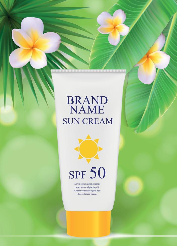 Sun Care Cream Bottle, Tube Template for Ads or Magazine Background. 3D Realistic Vector Iillustration