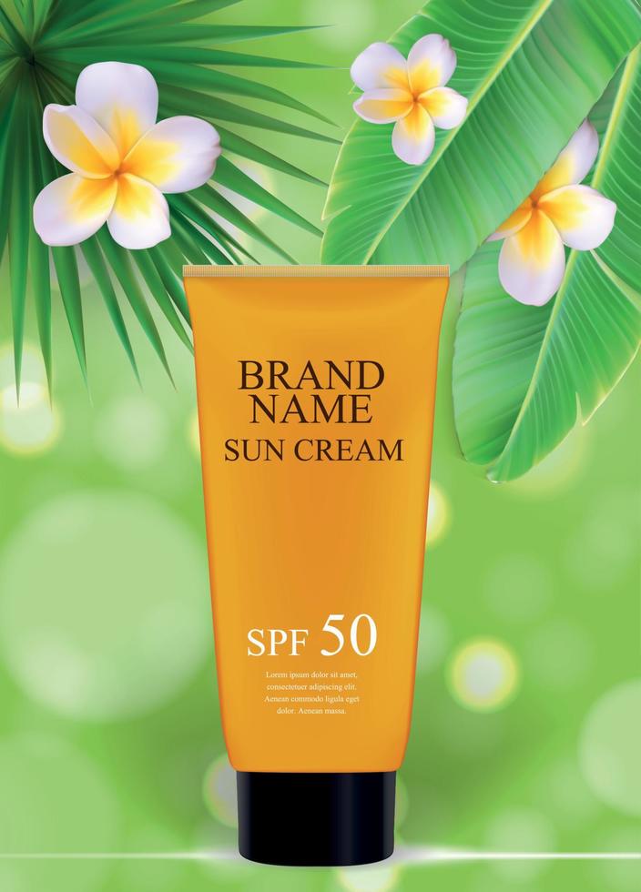 Sun Care Cream Bottle, Tube Template for Ads or Magazine Background. 3D Realistic Vector Iillustration