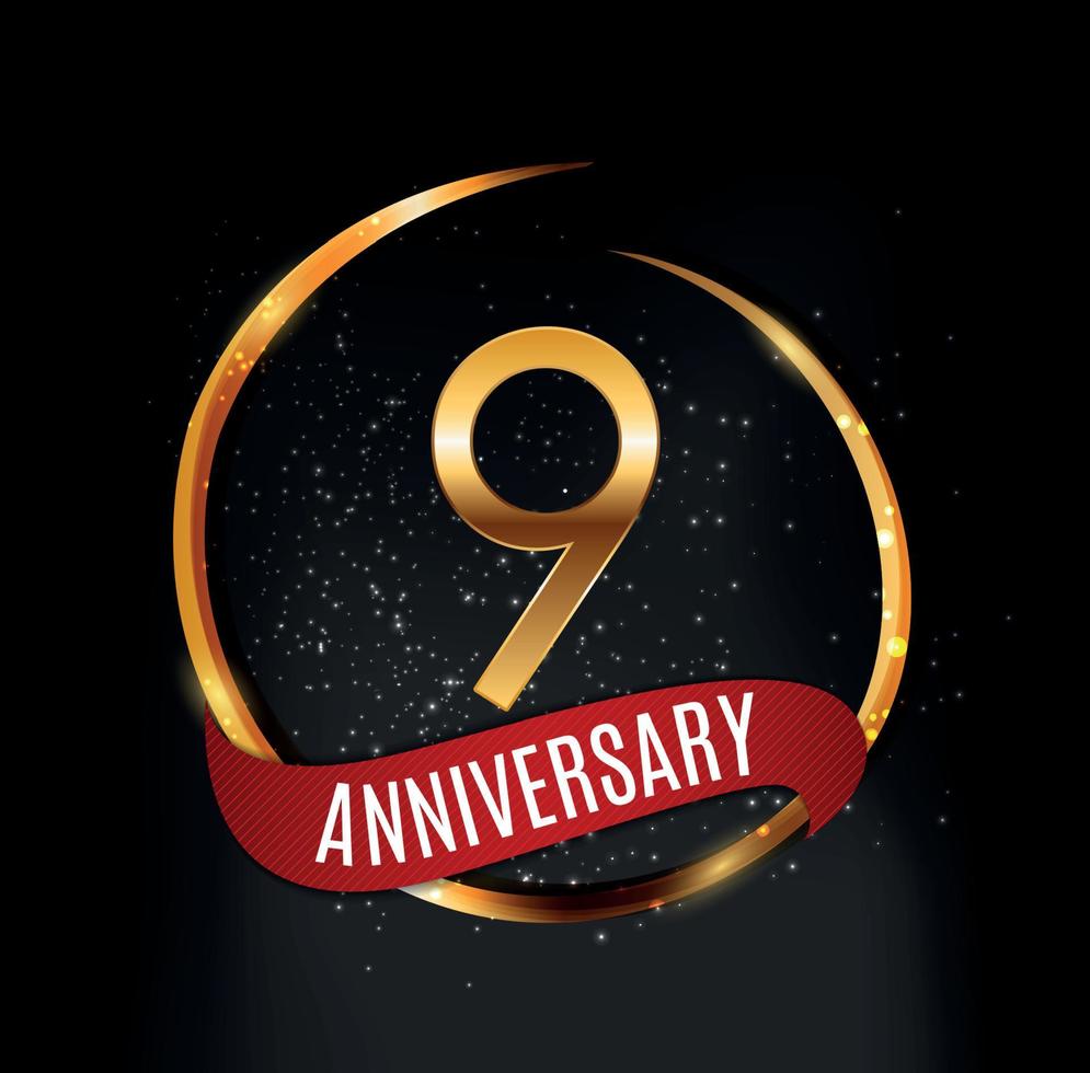 Template Gold Logo 9 Years Anniversary with Red Ribbon Vector Illustration