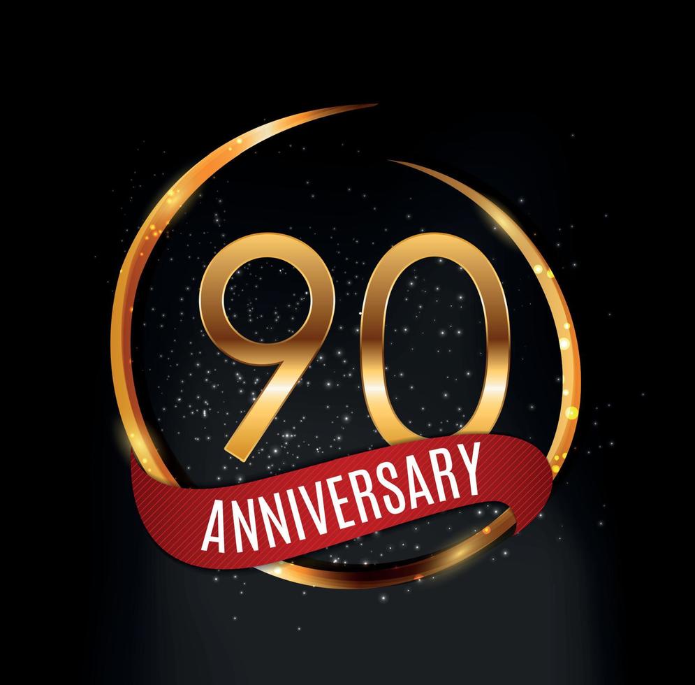 Template Gold Logo 90 Years Anniversary with Red Ribbon Vector Illustration