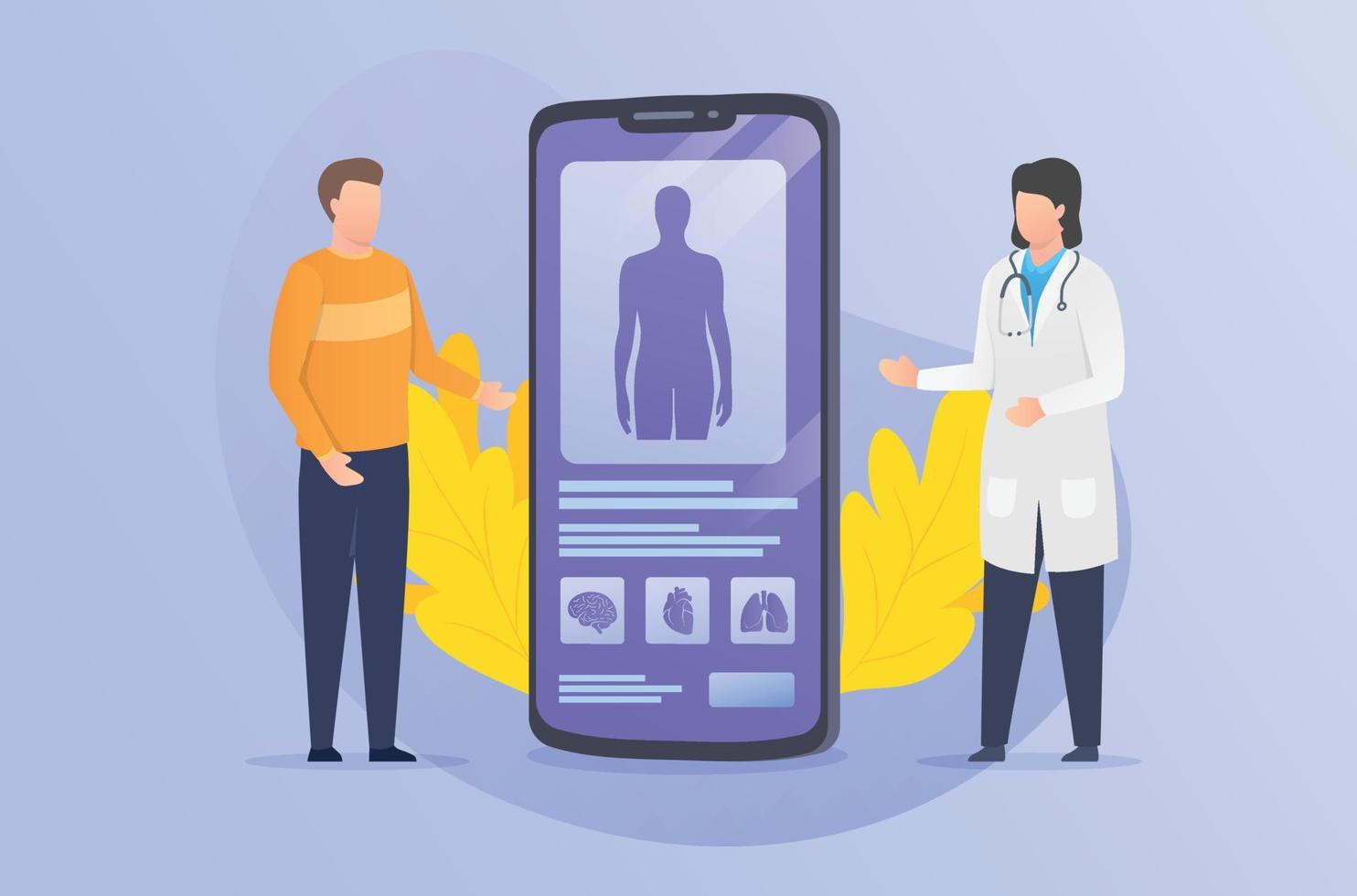 Consulta médica con datos digitales en la aplicación de la pantalla del teléfono inteligente para registros médicos con estilo plano vector