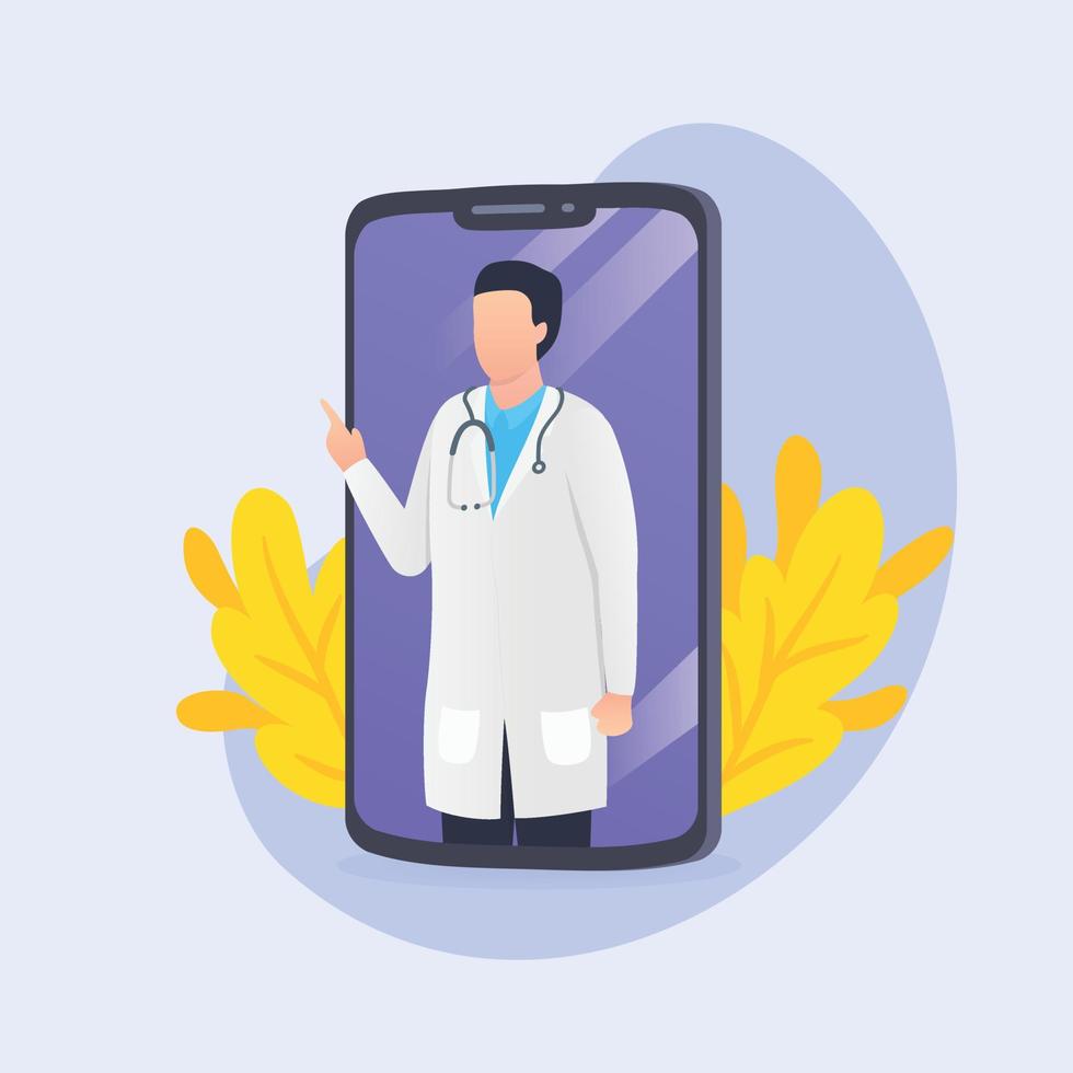 online medical app with man doctor on smartphone screen with modern flat style vector