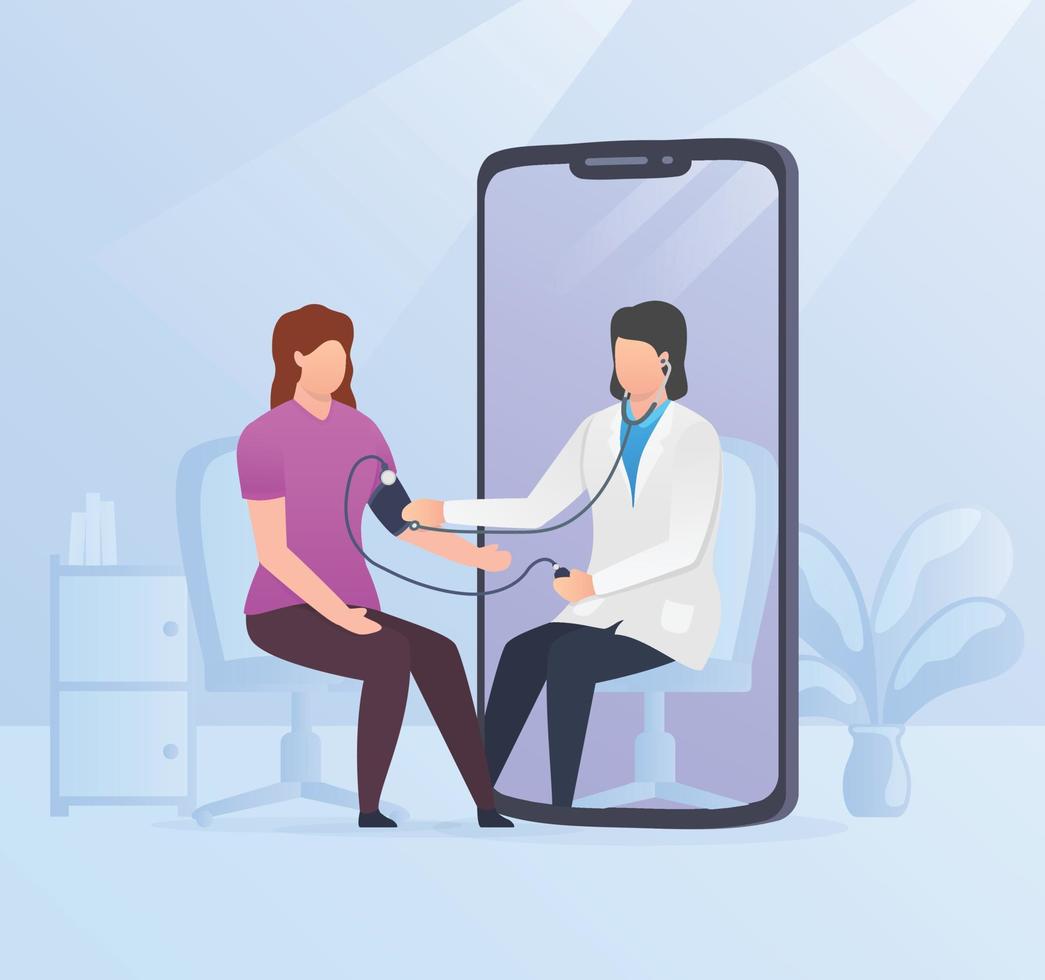 online medical consultation with female doctor and patients and modern background flat style vector