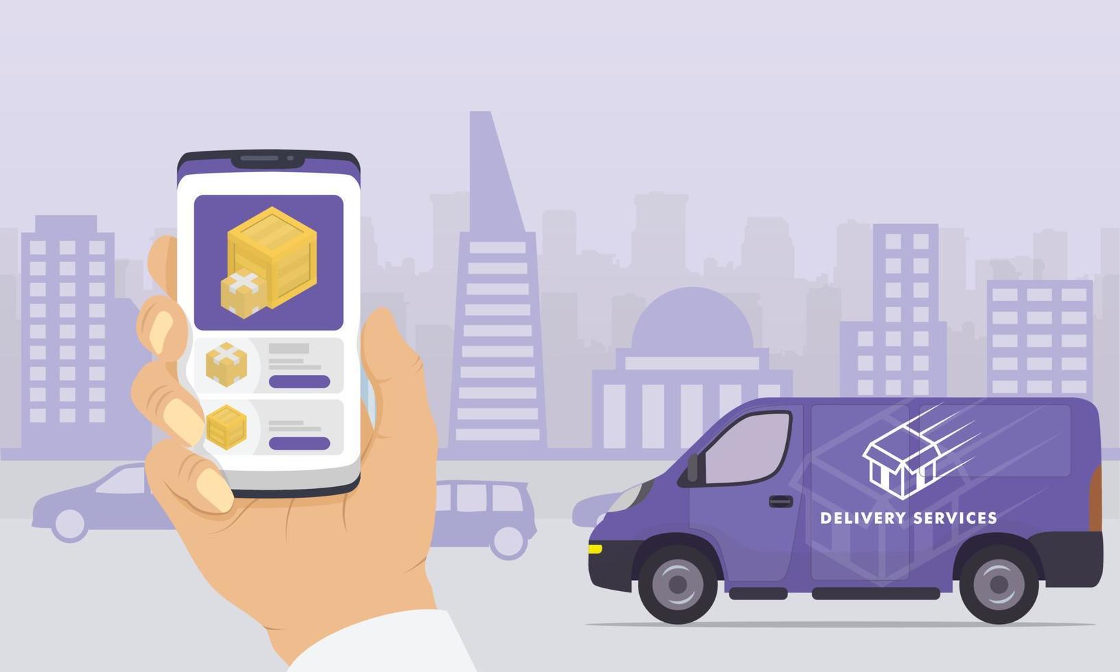 Aplicación de servicios de entrega de paquetes de mercancías con seguimiento de teléfonos inteligentes con camión y ciudad como fondo vector