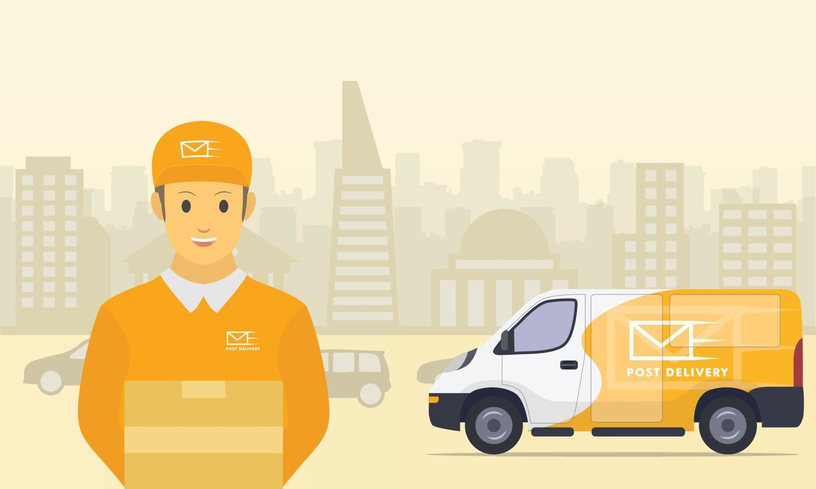 courier delivery services with truck and city as background vector