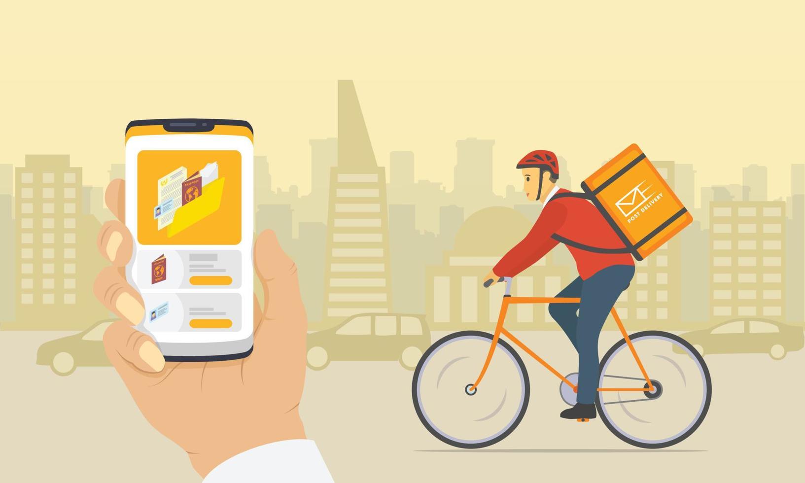 files document delivery courier with smartphone apps for delivery services with city background - vector