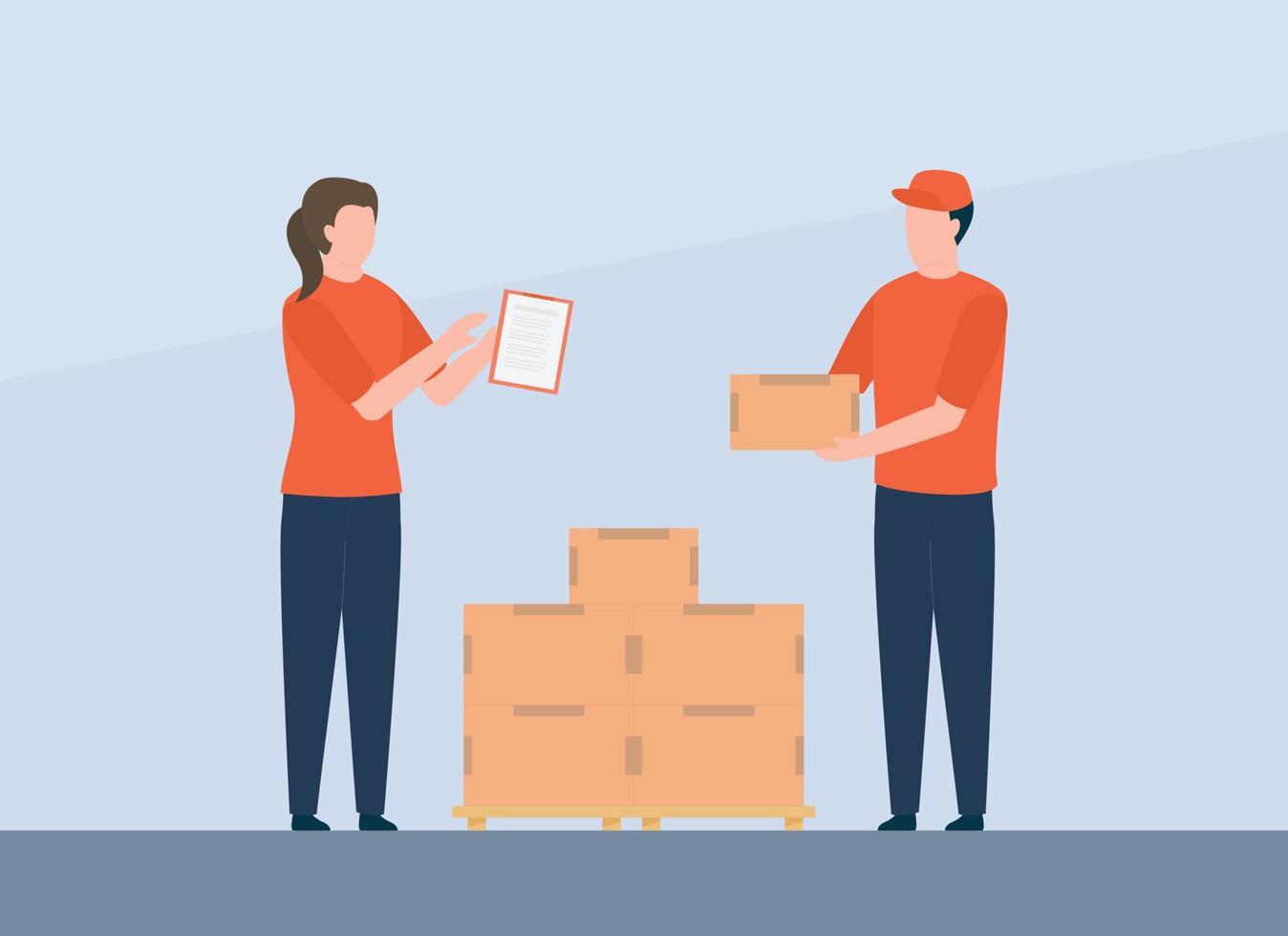 worker courier check goods delivery service package with stack cardboard vector