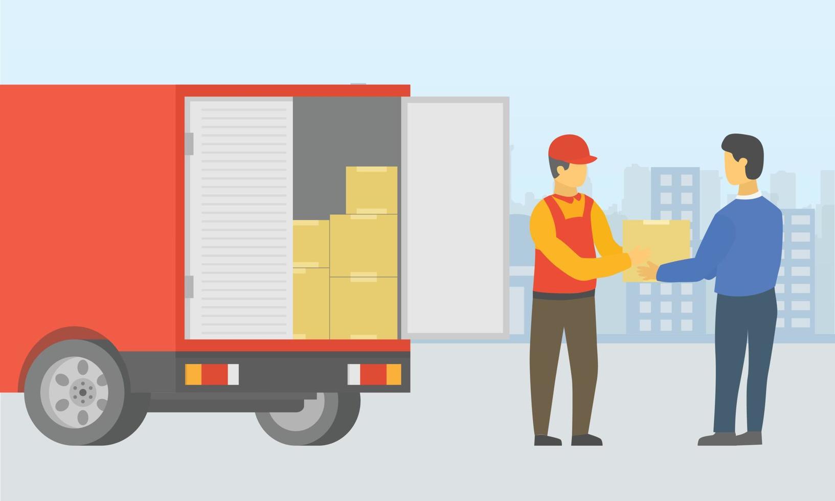 courier deliver goods to people using truck with city as background vector