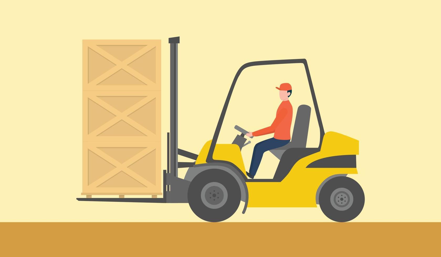 forklift goods container on the warehouse with man driving the yellow fork lift vector