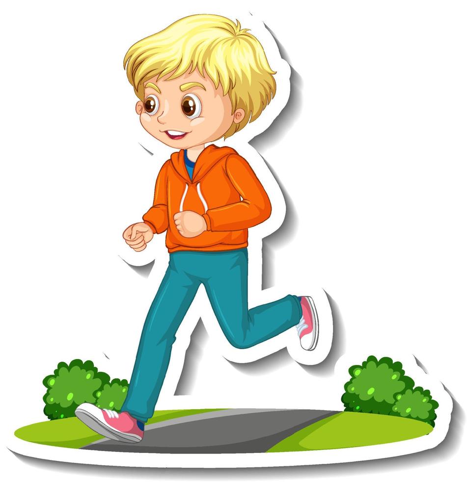 Pegatina de personaje de dibujos animados con un niño trotando sobre fondo blanco. vector