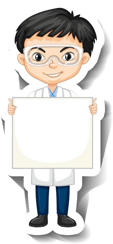 Scientist boy holding empty board in sticker style vector