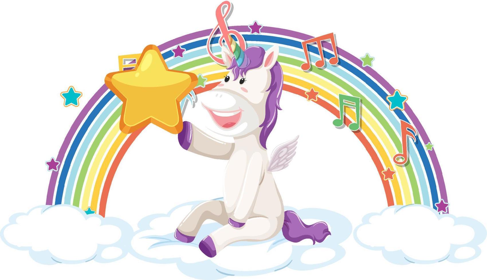 Unicorn sitting on cloud with rainbow and melody symbol vector
