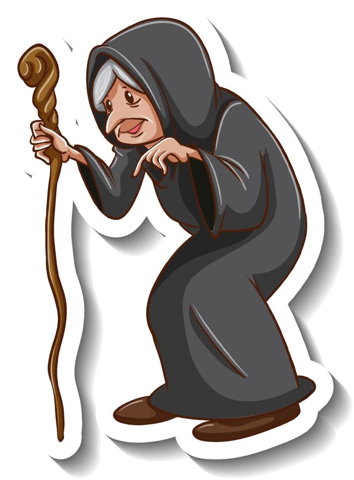 Old witch holding staff cartoon character sticker vector