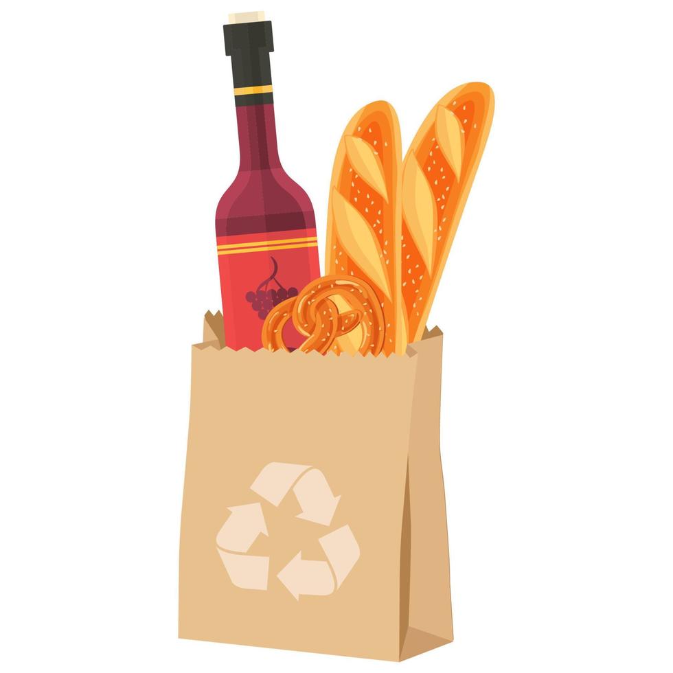 reciclar bolsa de papel con pan vino tinto vector