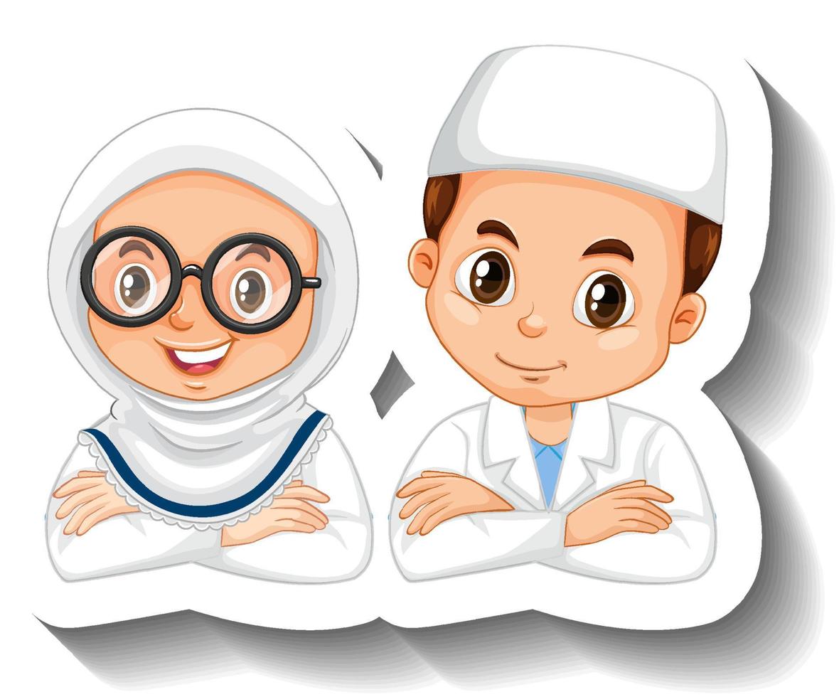 etiqueta engomada del personaje de dibujos animados de los niños musulmanes científico vector
