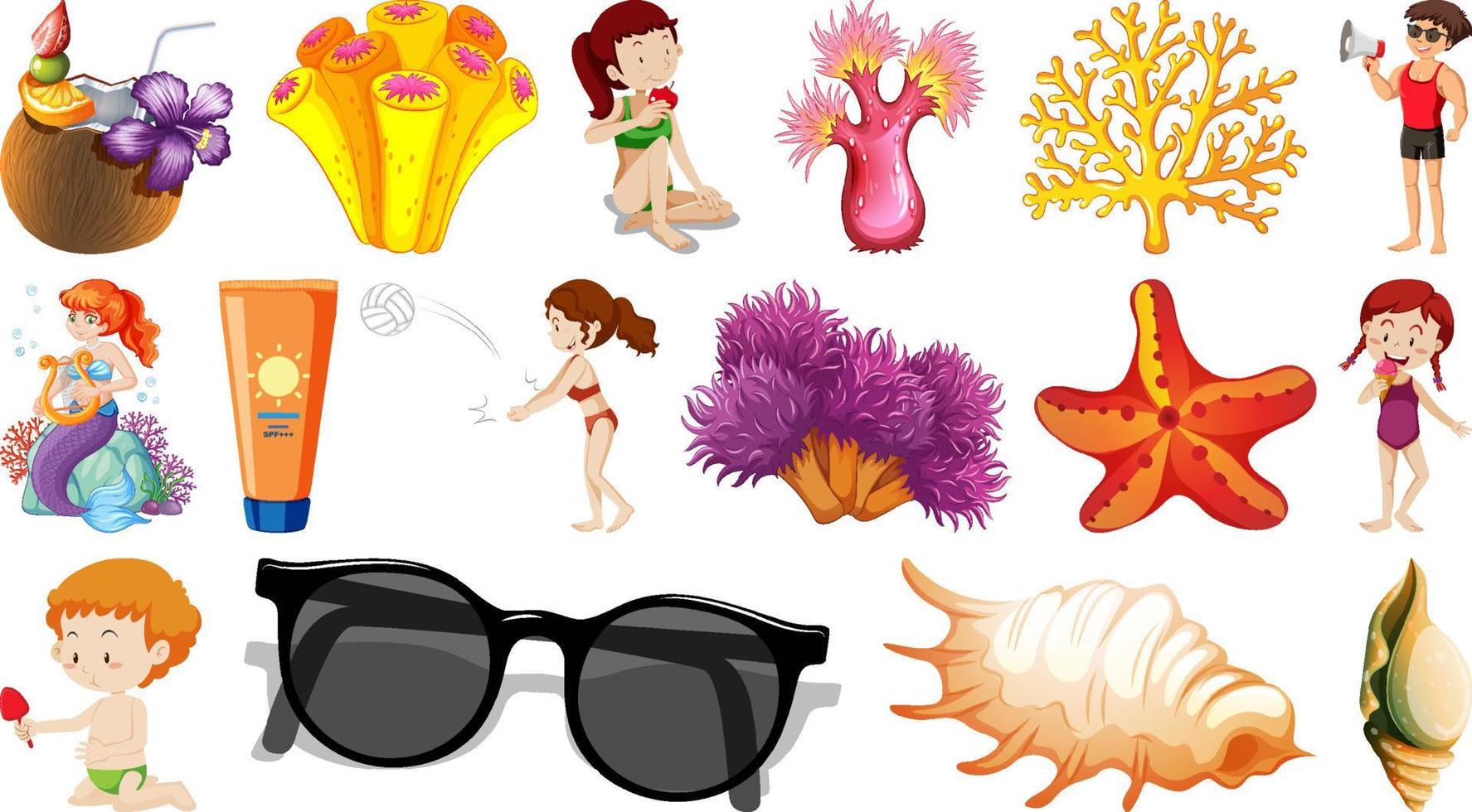 conjunto de objetos de playa de verano y personajes de dibujos animados vector