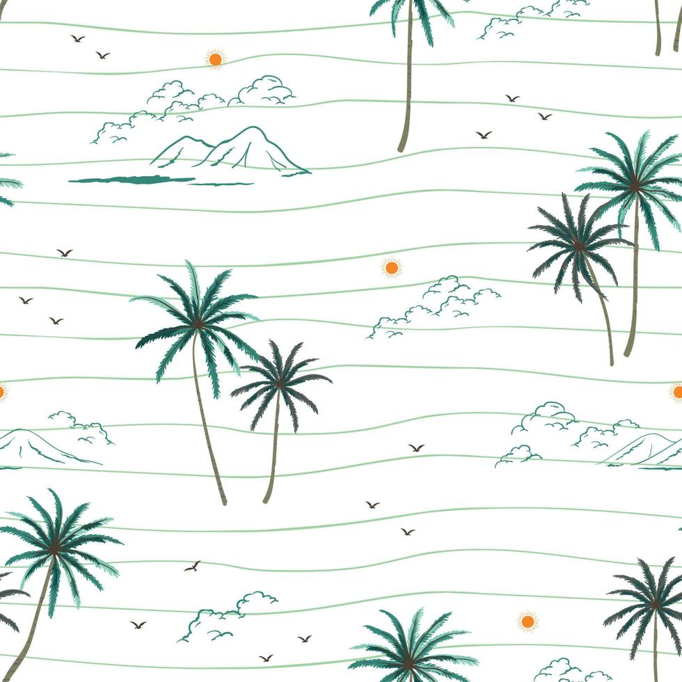 Hand drawn summer seamless pattern wih coconut tree on wavy background vector