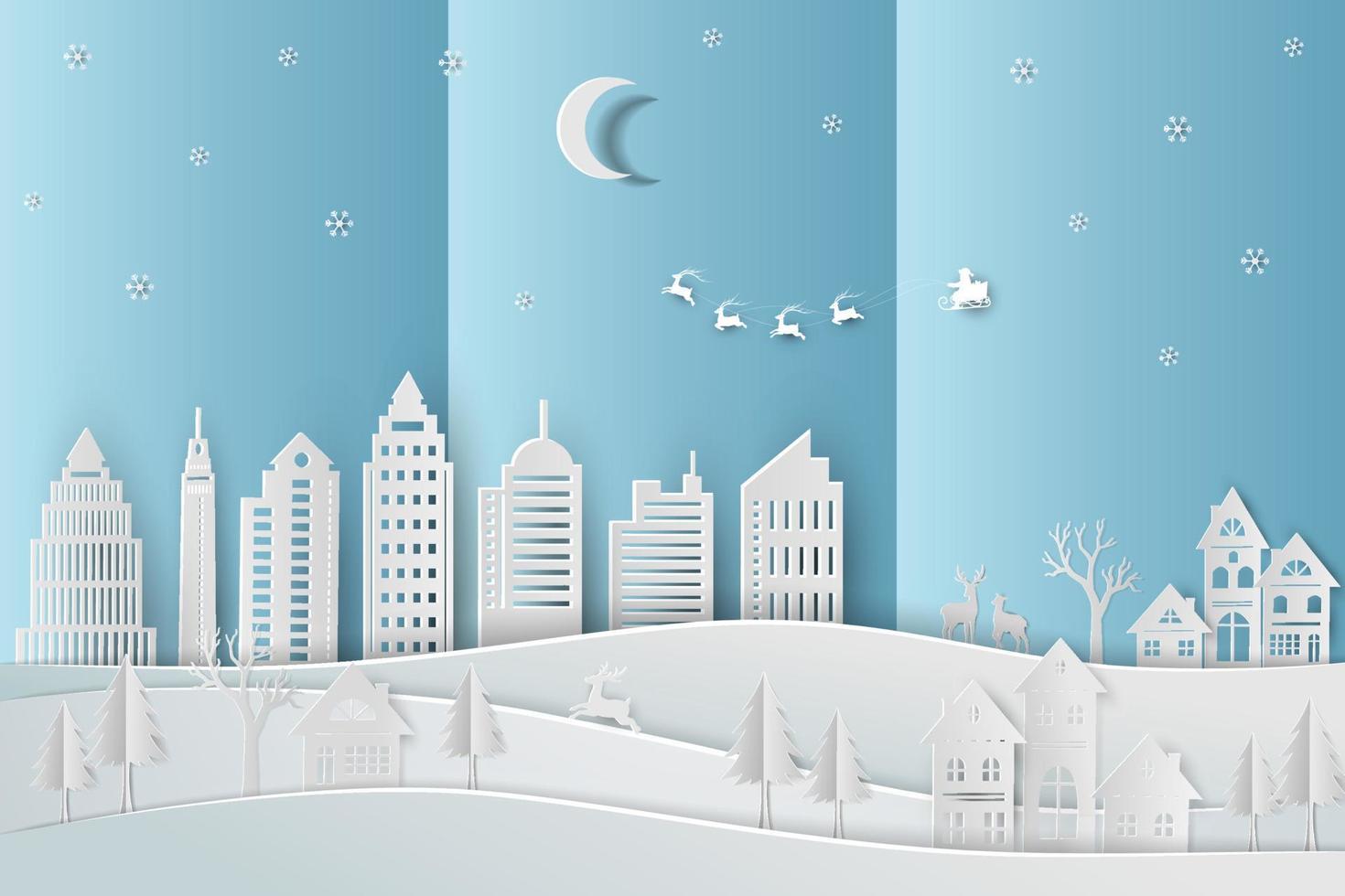 Merry Christmas and Happy New Year greeting card with Santa Claus coming to city on paper art background vector