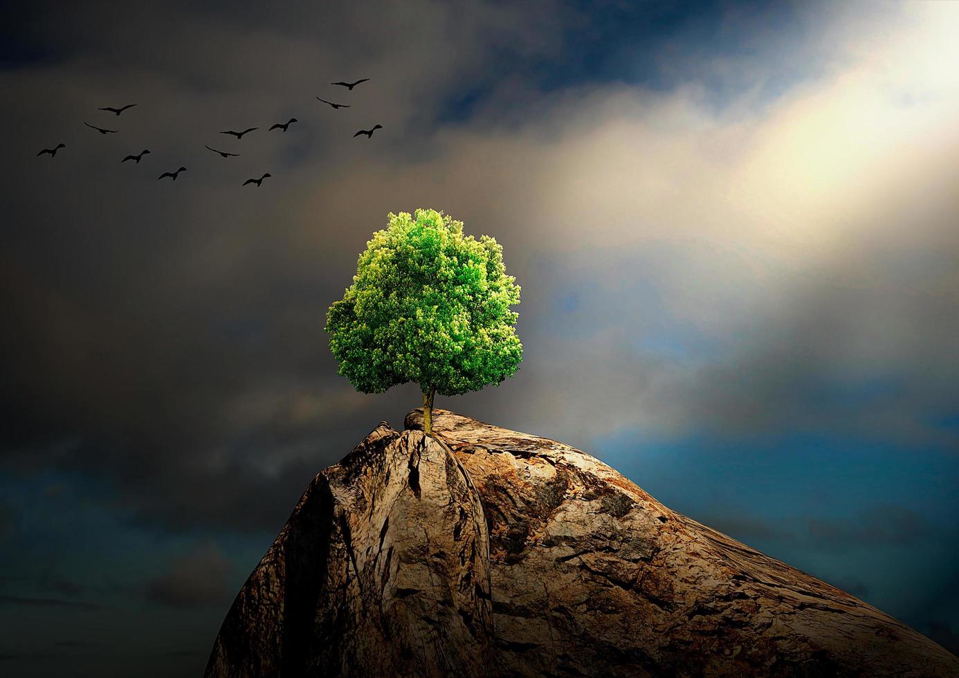 tree alone on rocky mantle with faint light coming from the sky, 3D illustration photo