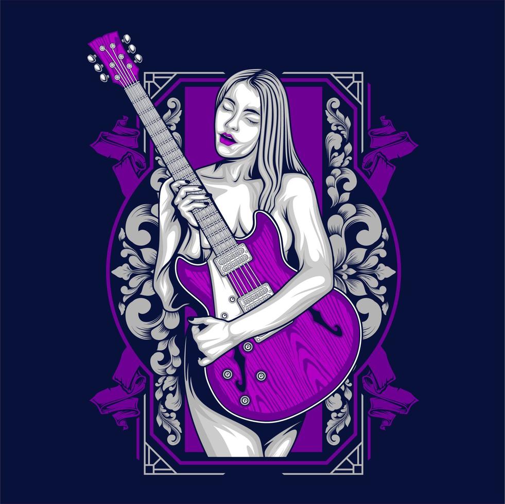 guitarra vintage y niña vector