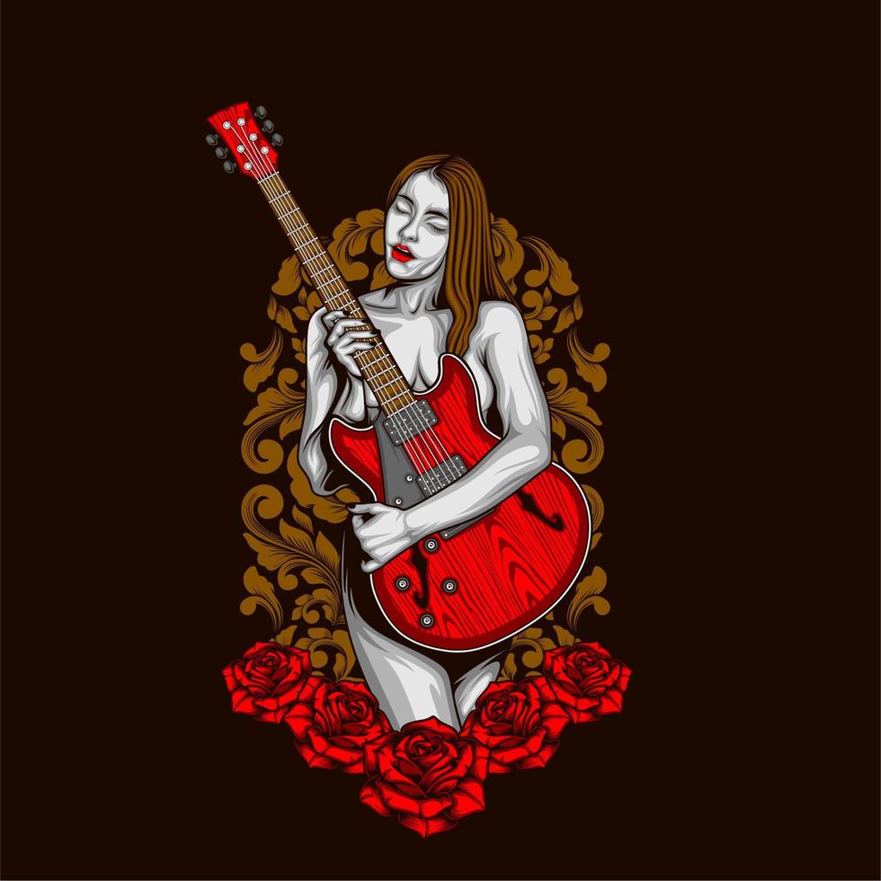 guitarra vintage y niña vector