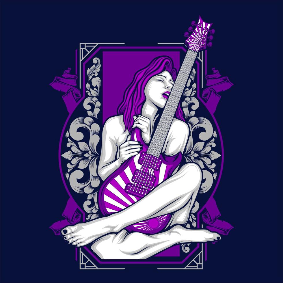 guitarra vintage y niña vector