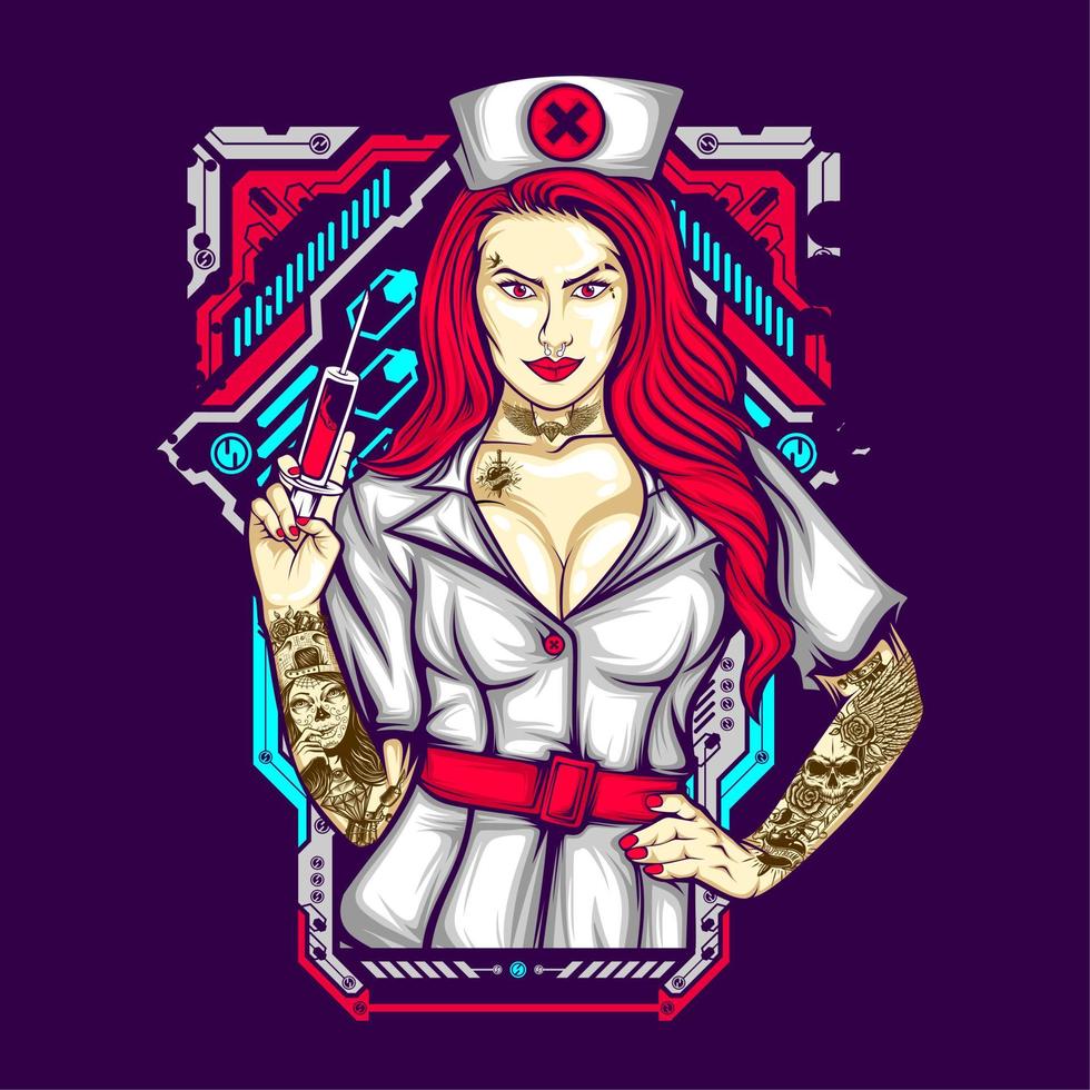 futuristic tattoo nurse with syringe vector