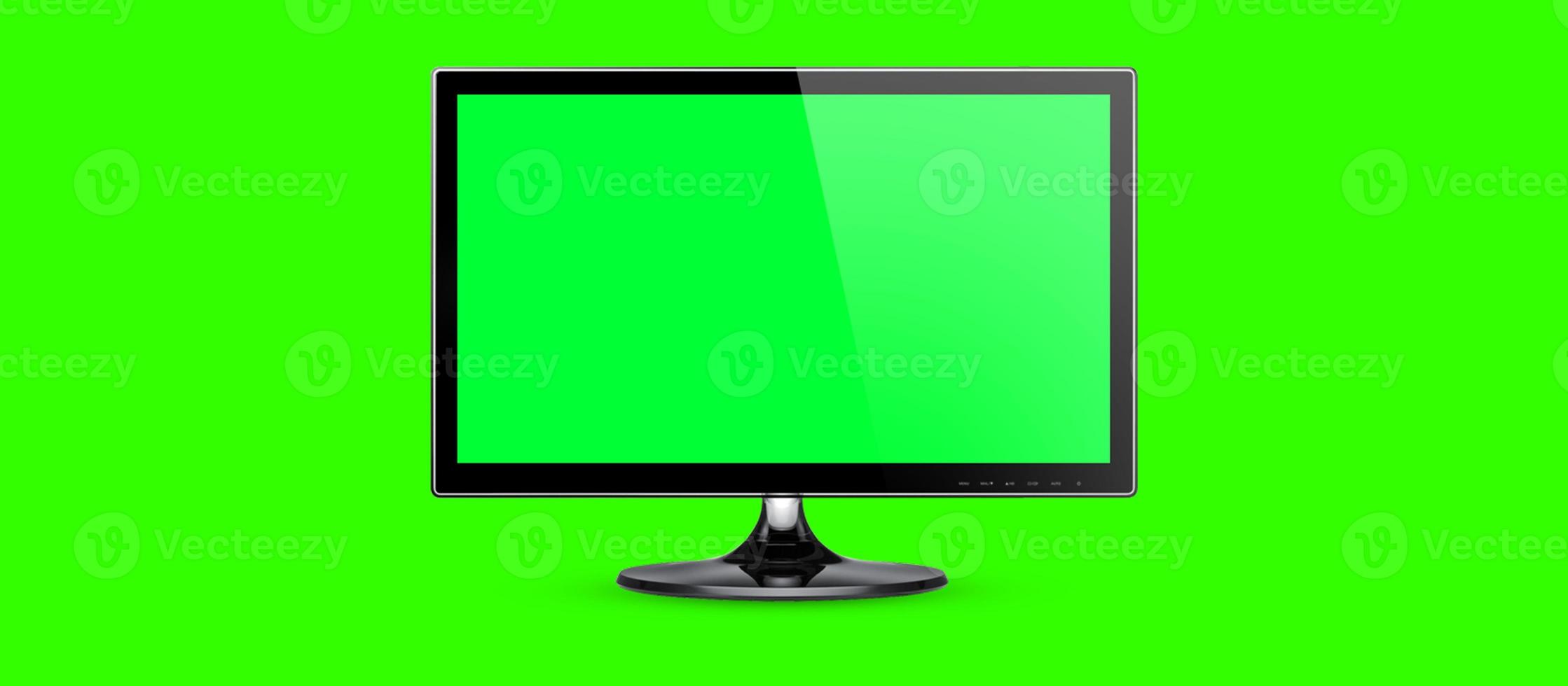 plantilla de pantalla en blanco de escritorio o pc. vista abierta de la computadora, pantalla verde vacía sobre fondo de color verde brillante, banner, espacio de copia. Ilustración 3D. foto