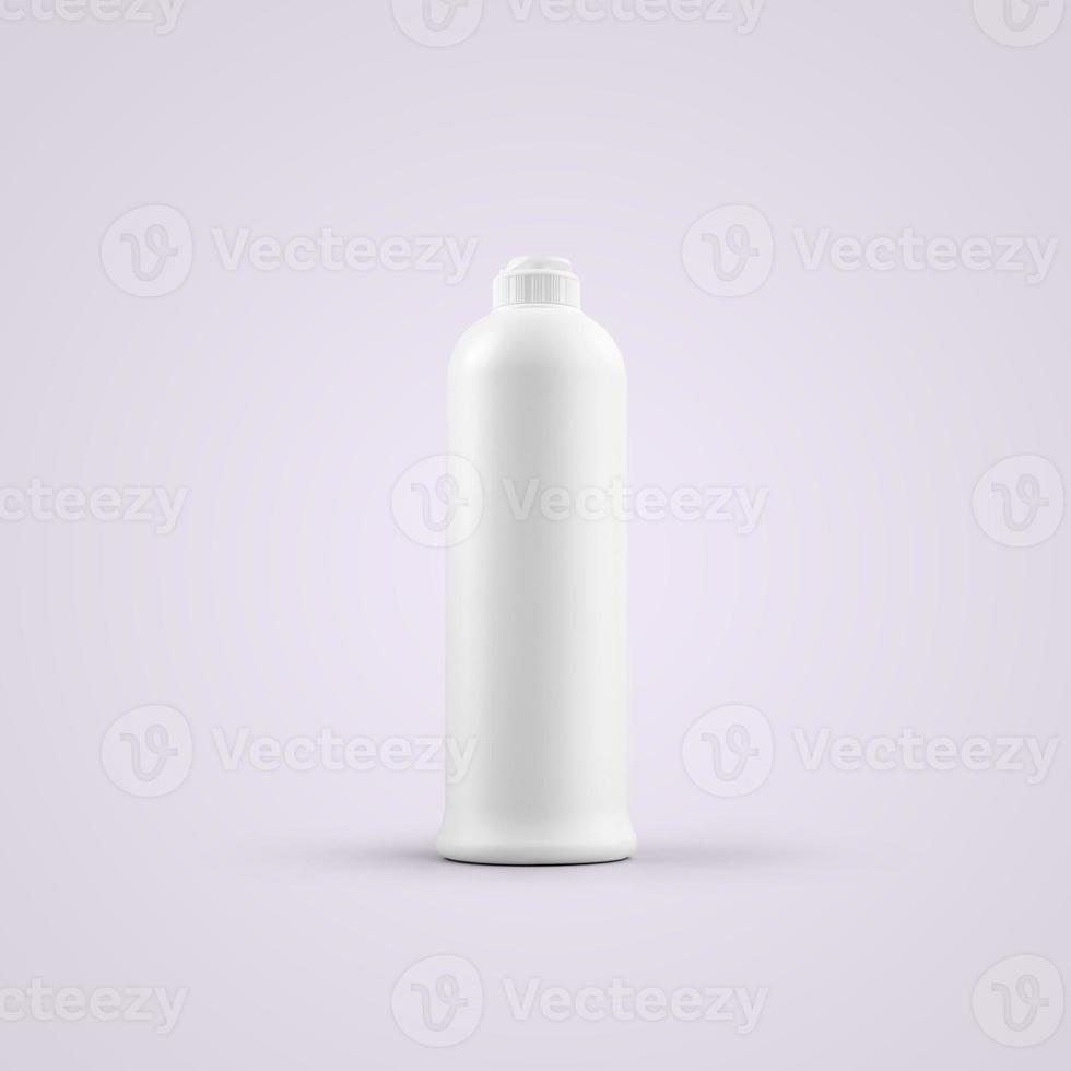 Representación 3D botella de plástico cosmético blanco en blanco con tapa push pull aislado sobre fondo gris. apto para el diseño de su maqueta. foto