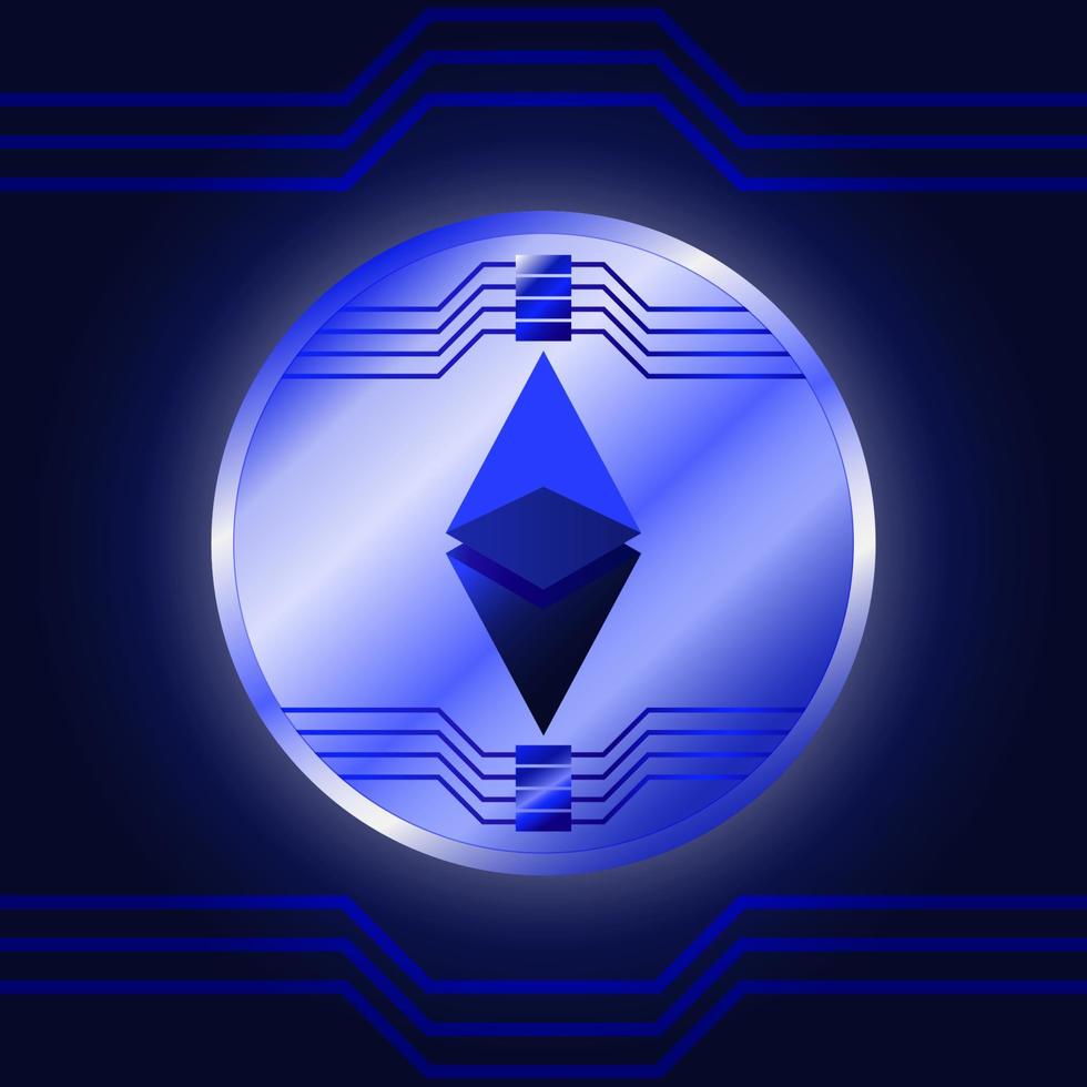 The ethereum currency shines brightly against a blue graphic background. Digital trading, investment, and business design vector