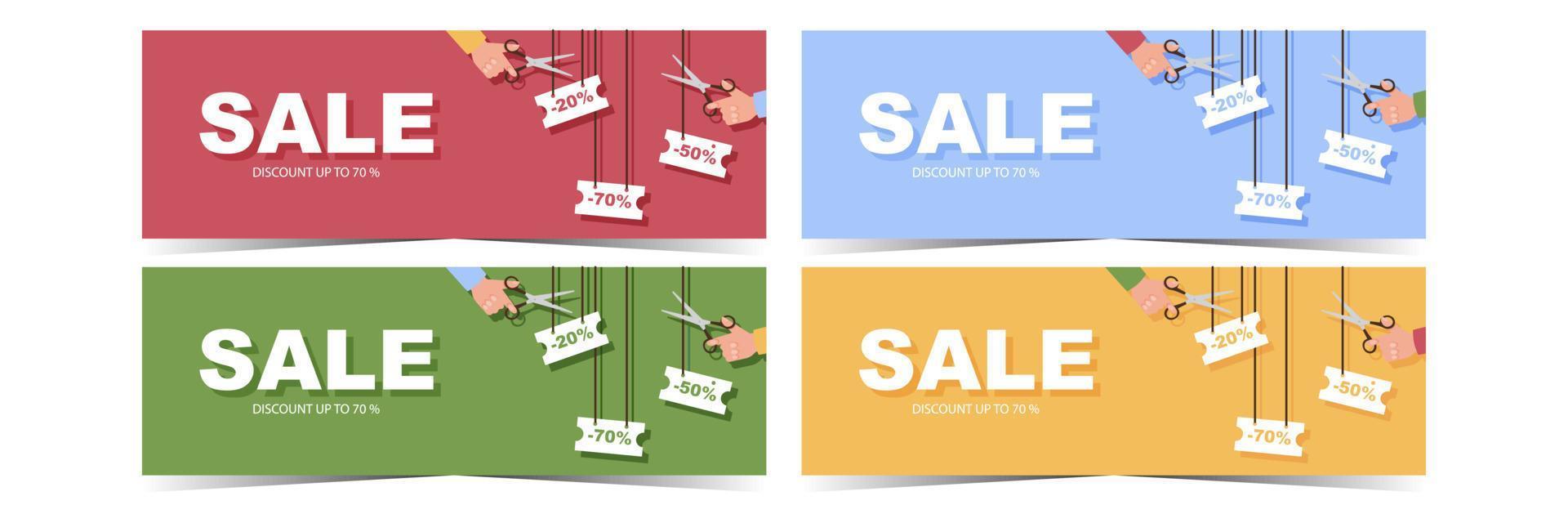 Hands with scissors cut reduction coupons. Sale banner template concept. Discount poster in four colours - red, blue, green and yellow. Vector illustration in flat style.