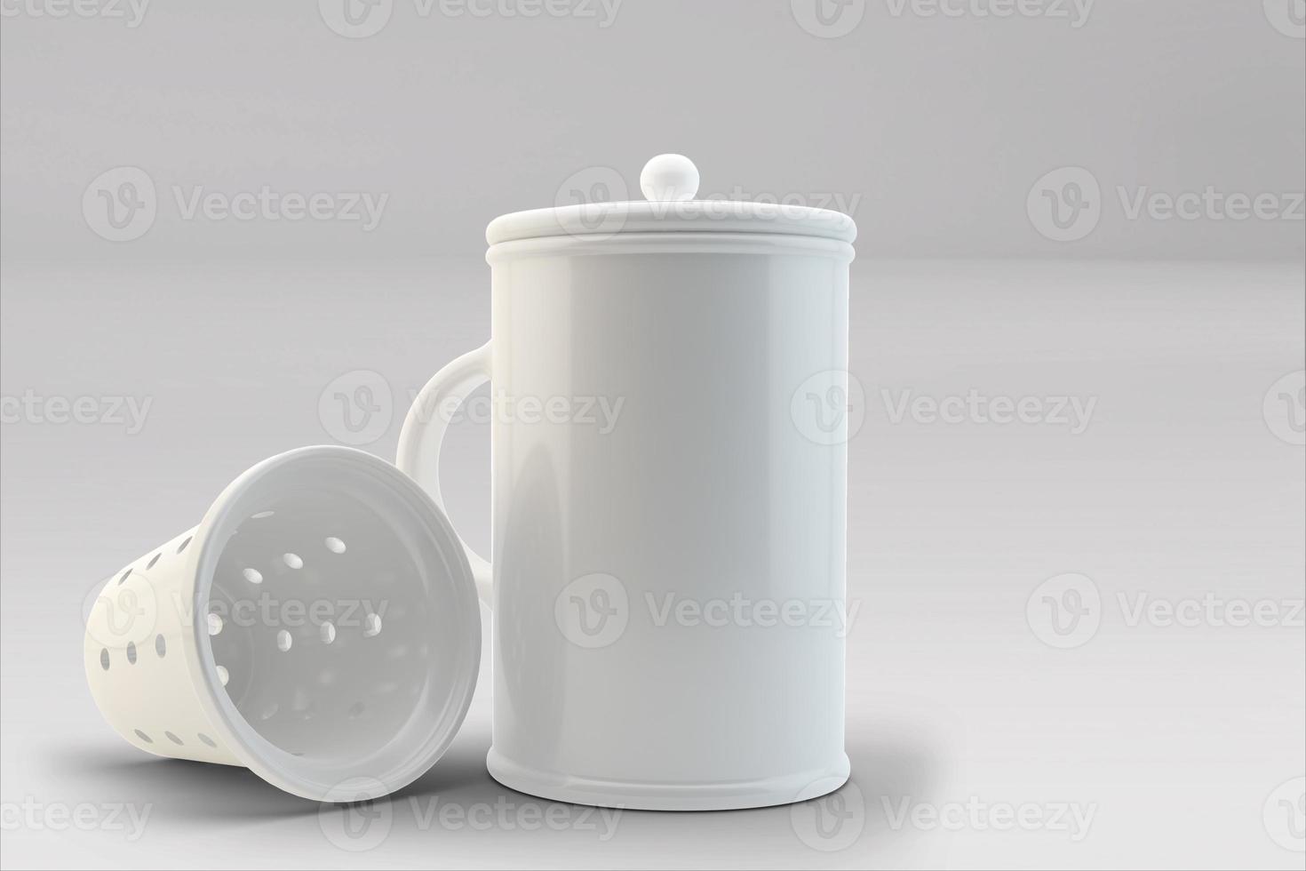 tazas de taza de café o té en blanco realistas con asa. taza de porcelana para maqueta de plantilla de té o café aislada. Taza de té realista para el desayuno, ilustración 3d foto