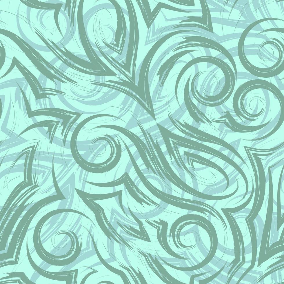 Vector green seamless pattern of waves or swirl drawn with a brush for decor on a turquoise background.Smooth uneven lines in the form of spirals of corners and loops
