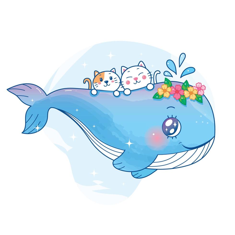 cute whale and cats cartoon with water color. vector