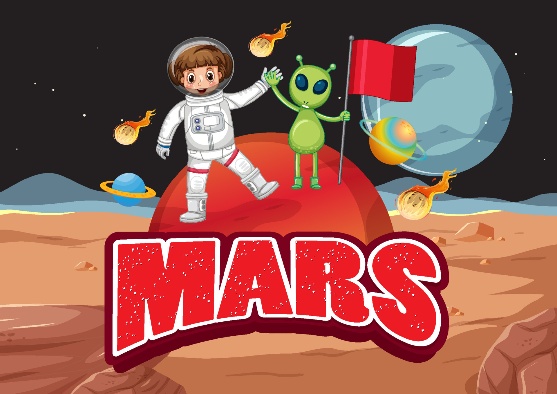 Astronaut and alien cartoon on planet 4558399 Vector Art at Vecteezy