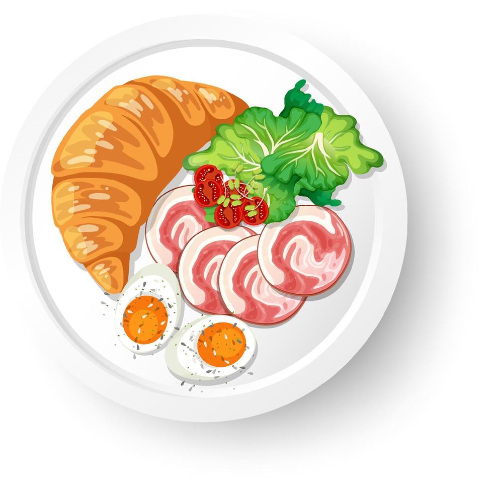 Breakfast croissant with meat and boiled egg on white plate vector