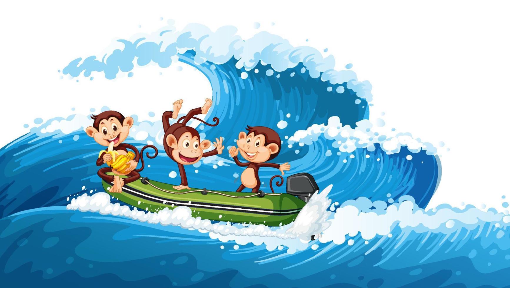 Little monkeys dancing on speed boat on ocean wave vector