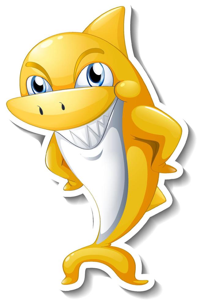 Funny yellow shark cartoon character sticker vector