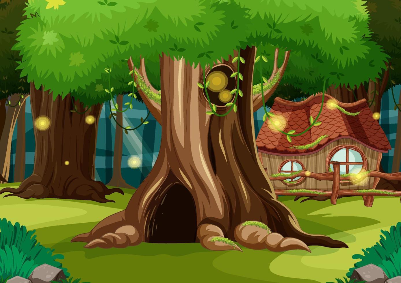 Fantasy forest background with hollow tree vector