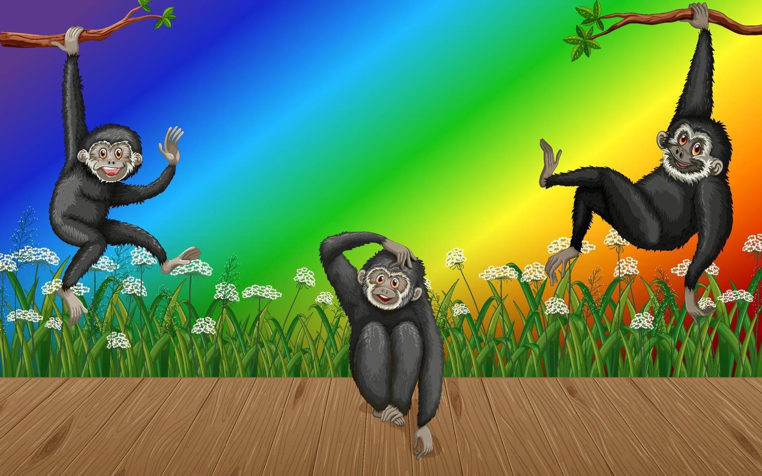 Gibbons in the forest on gradient rainbow background vector