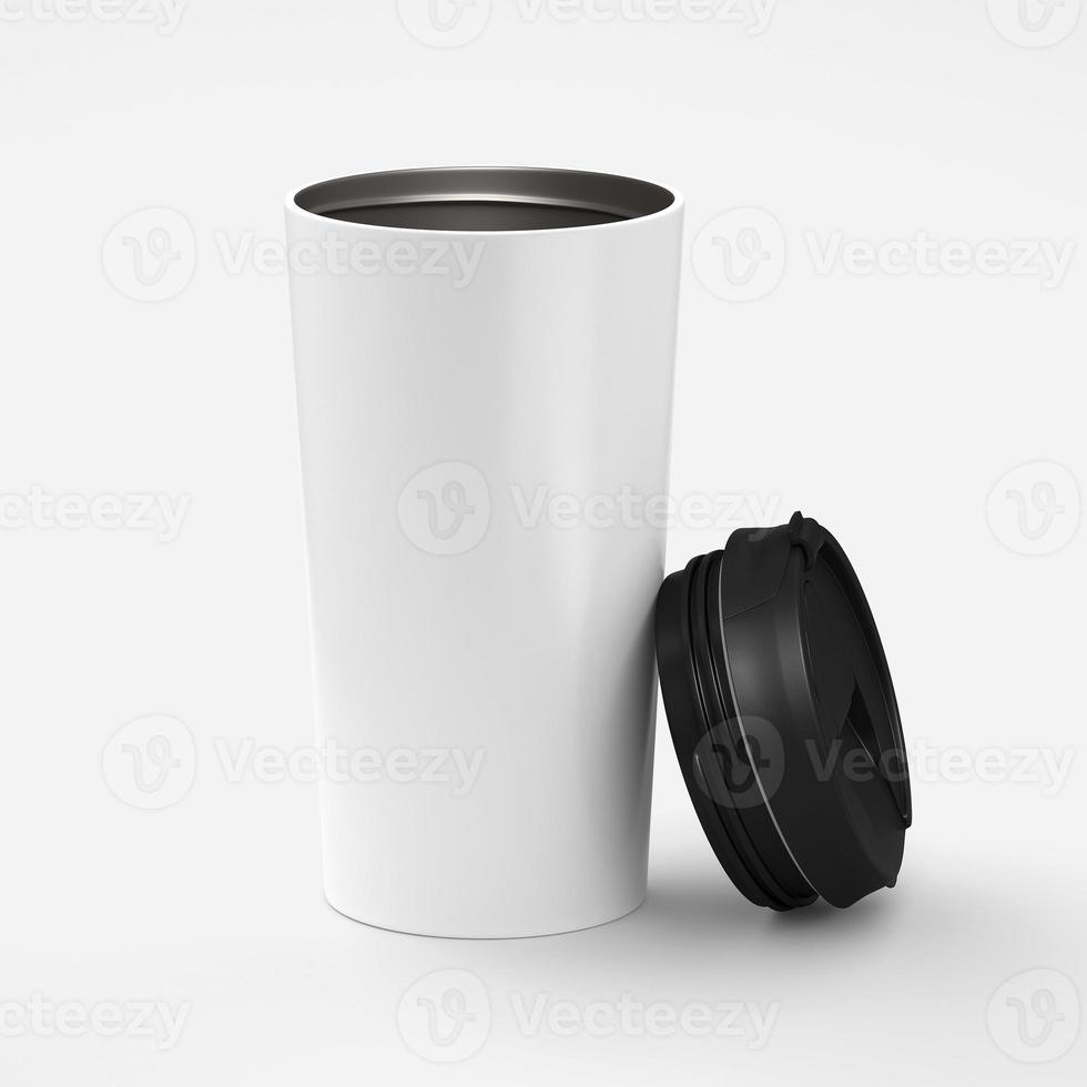 Taza de café de papel con tapa negra aislada sobre fondo blanco con renderizado 3d, maqueta para su proyecto foto
