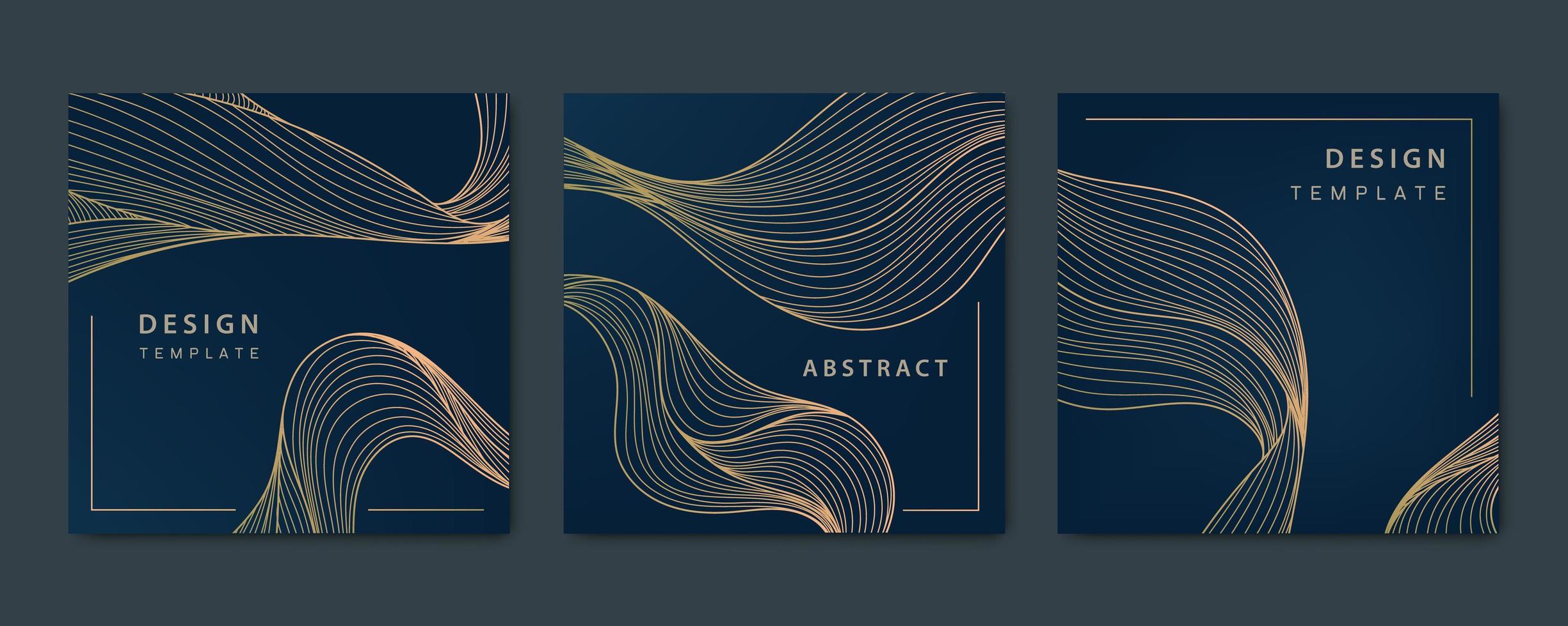 Vector set of abstract luxury golden square cards, post templates for social net, wavy line art background. Art Deco Pattern, texture for print, fabric, packaging design. Vintage illustration.