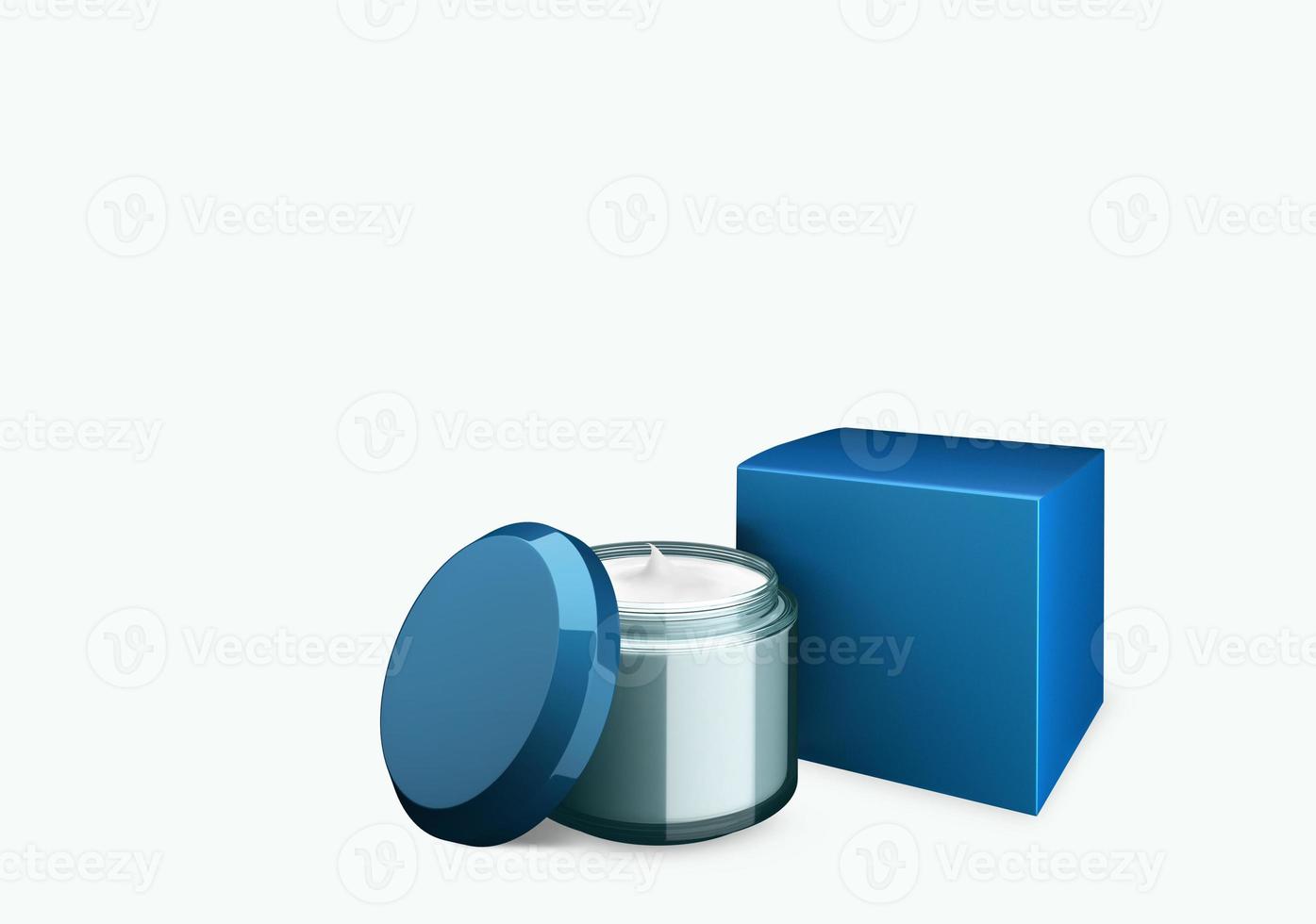 Blank blue sky cosmetic jar mock up on white background with smear cream in front view angle, 3d illustration photo