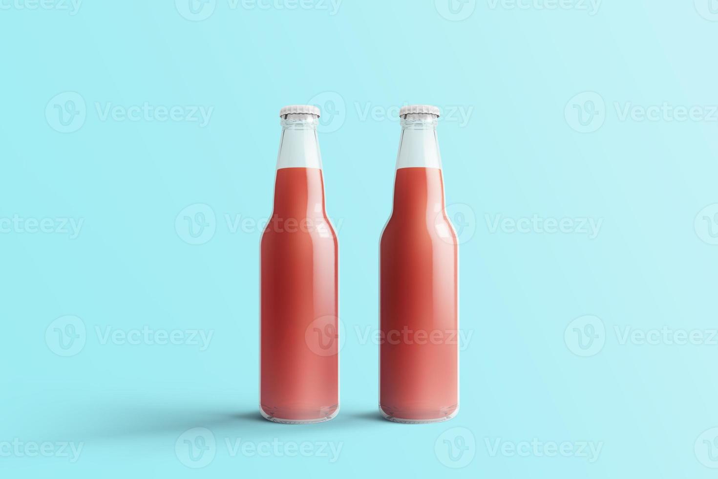 Varias botellas de refrescos de frutas, bebida no alcohólica con gotas de agua aisladas sobre fondo toscha. Representación 3D, adecuada para su proyecto de diseño. foto